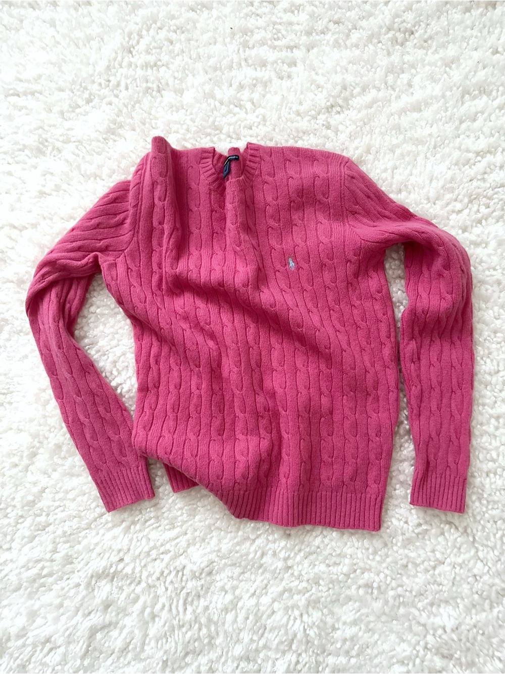 Ralph Lauren Raspberry Lambs Wool 100% Cable-Knit Crewneck Sweater Women L (EUC)